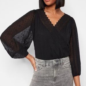 Eyelet Trim Faux Wrap Thong Bodysuit Express Black